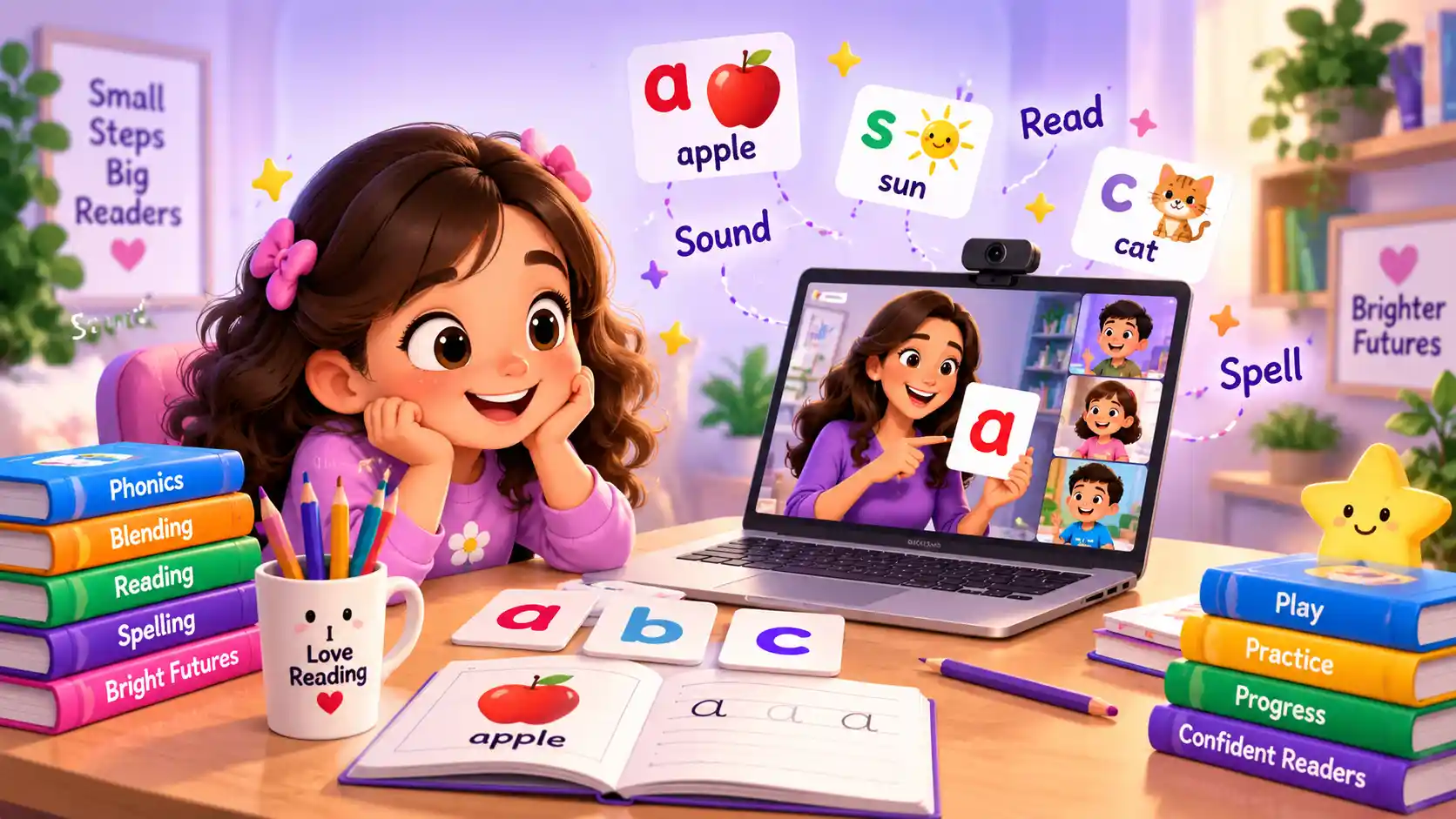 Young girl smiling during a live online phonics class, holding up letter cards and practising blending sounds with her teacher on a laptop, for online phonics classes ages 4 to 6
