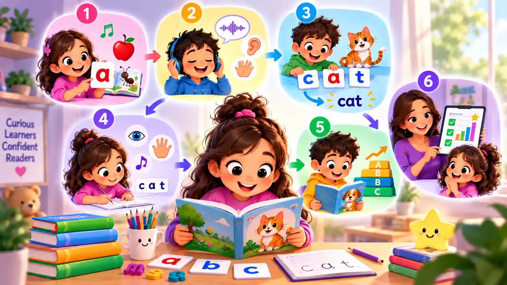 Six-step infographic showing what your child learns in phonics and why it matters: letter sounds, listening and blending, combining sounds into words, reading, spelling, and tracking progress