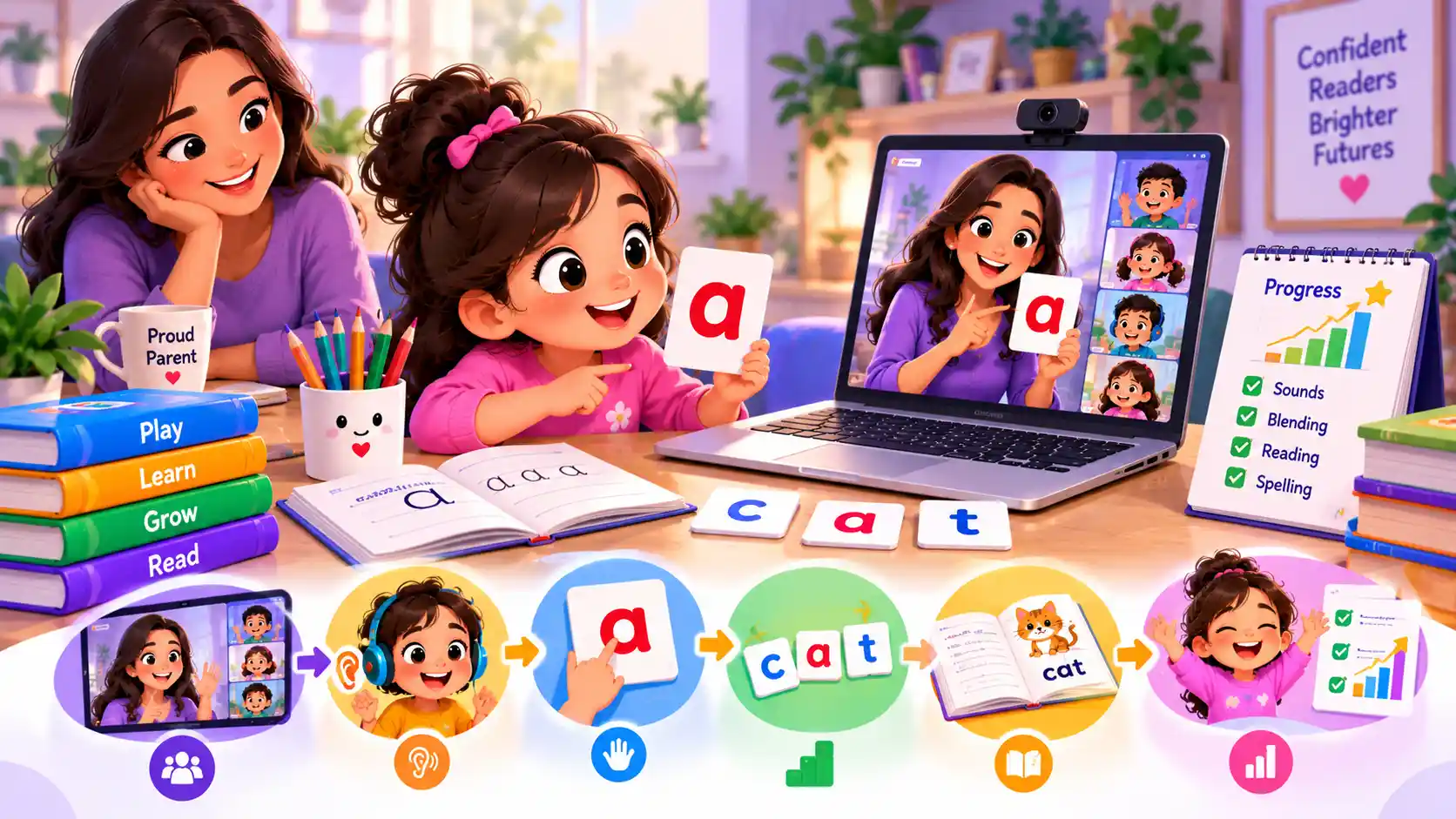 Illustration of a mother and daughter enjoying an online phonics lesson together, with a progress checklist showing sounds, blending, reading and spelling, summarising why parents choose Jolly Reading