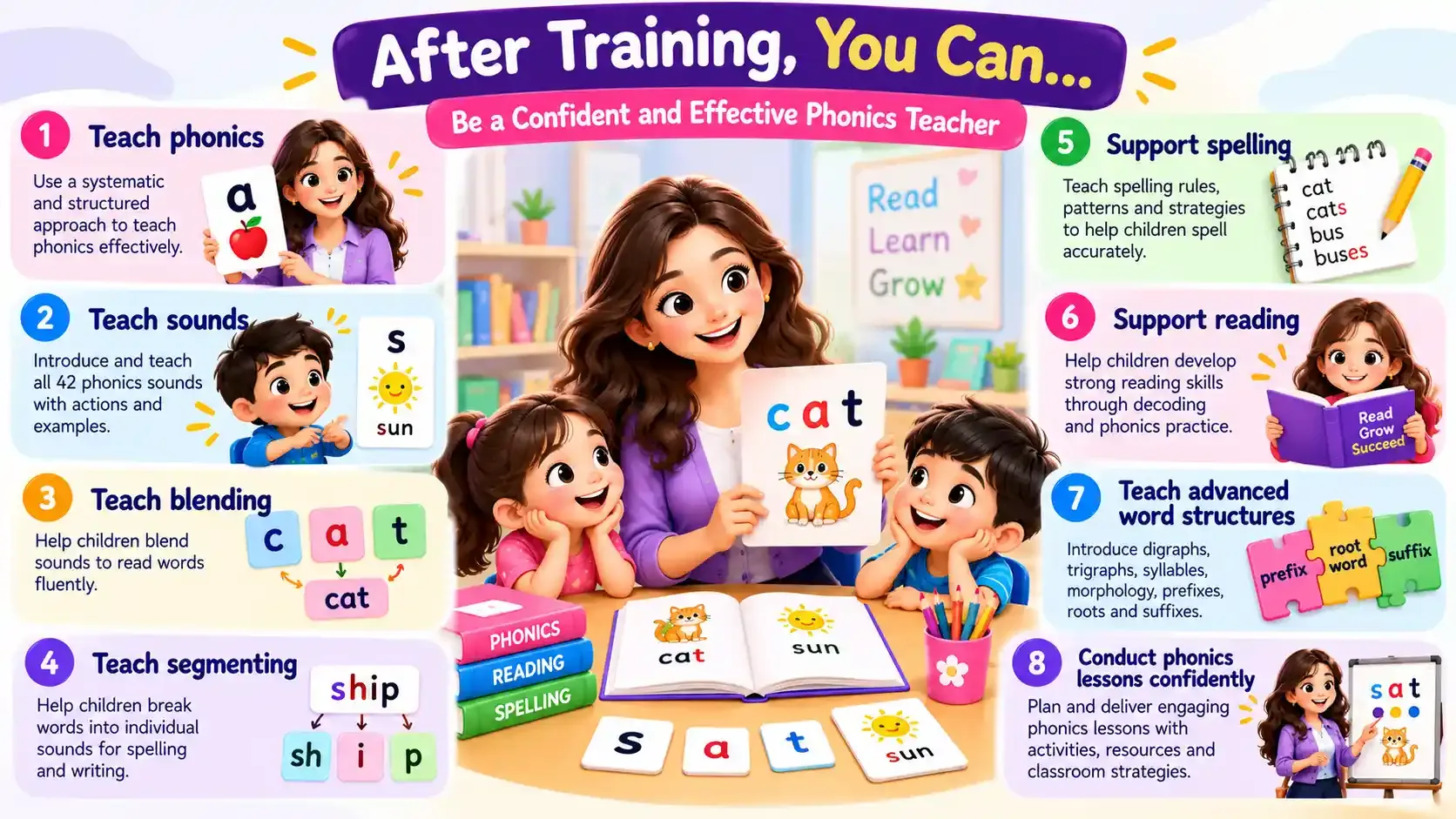 Infographic of eight things a teacher can do after phonics teacher training, from teaching sounds, blending and segmenting to supporting spelling and reading and conducting lessons confidently
