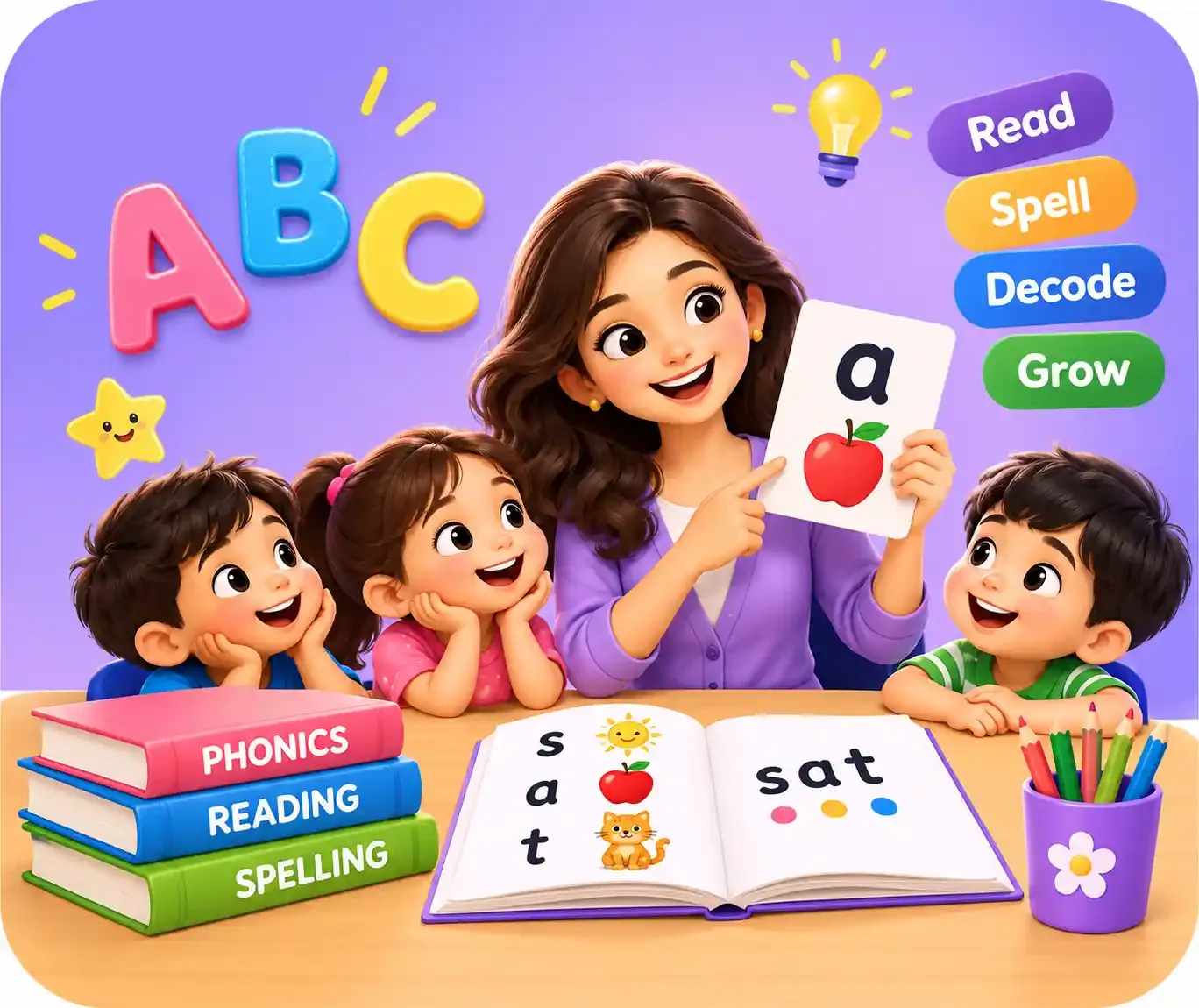 A phonics teacher showing the letter a on a flash card to three smiling children, with books on phonics, reading and spelling and an open book showing the word sat