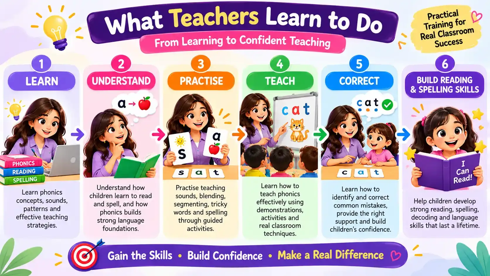 Six-step infographic of what teachers learn to do: learn, understand, practise, teach, correct and build reading and spelling skills