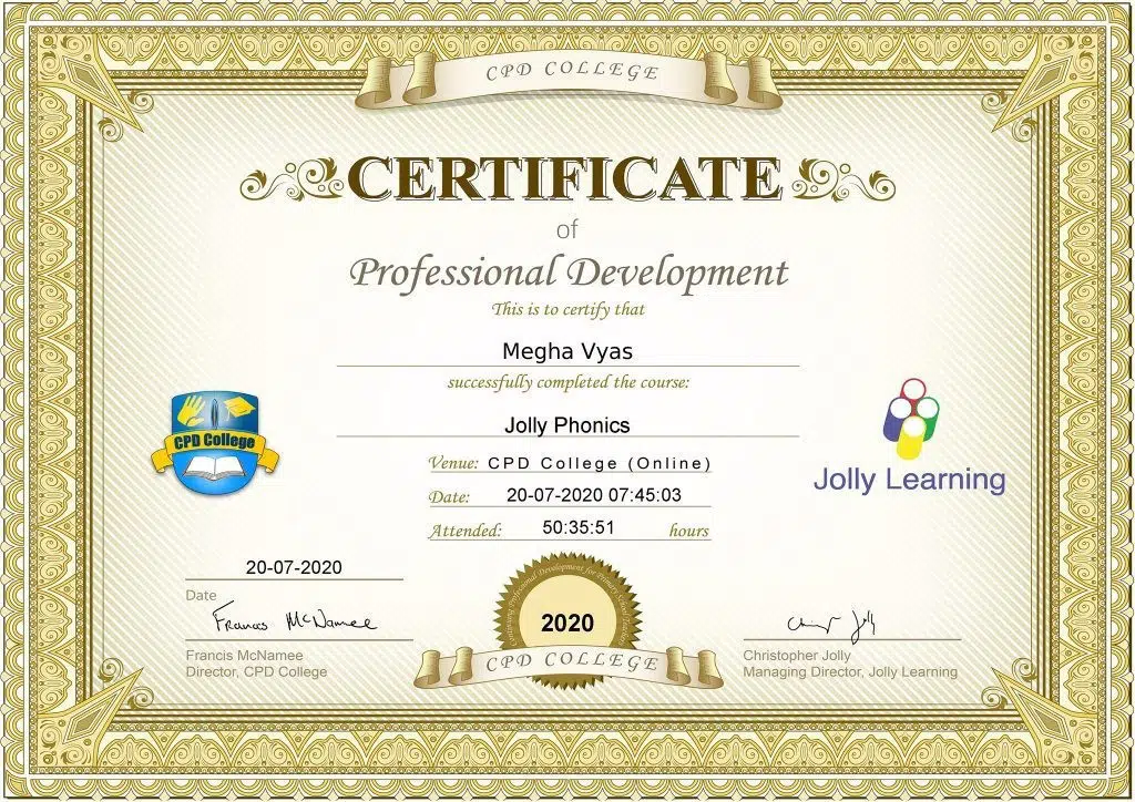 Certificate of Professional Development awarded to Megha Vyas by CPD College for successfully completing the Jolly Phonics course, dated 20 July 2020