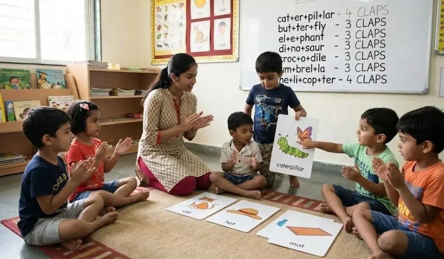 A teacher in a phonics class helping a young child blend sounds and decode words in a book, illustrating the development of real reading skills