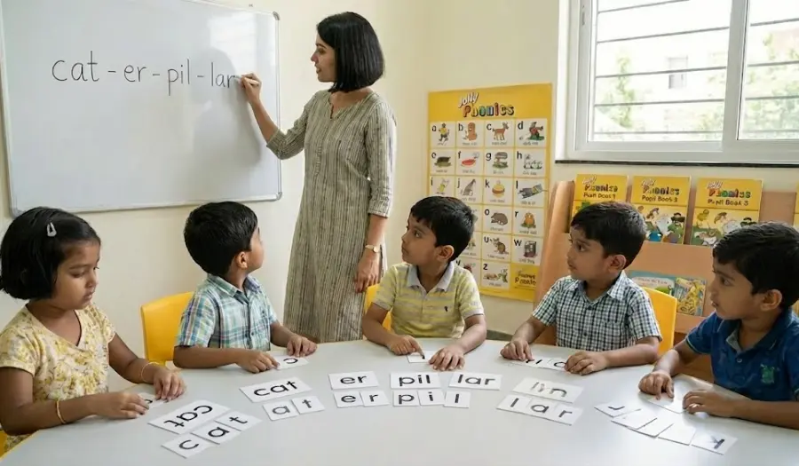 A teacher in a classroom setting holding up a letter card, demonstrating the corresponding sound to a focused young child, illustrating the gradual introduction of phonics for confident reading