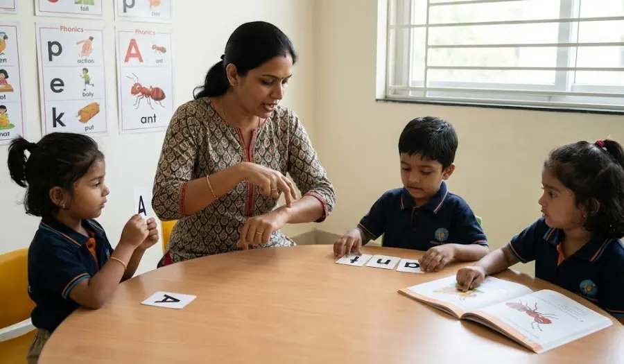 Teacher teaching the letter A sound through action-based phonics learning with young children in a classroom