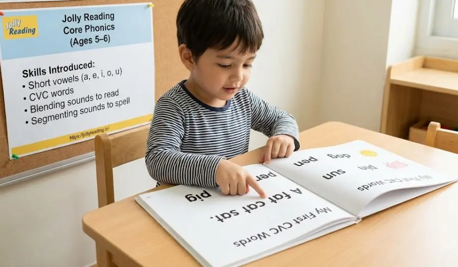 child blending sounds to read simple CVC words using phonics