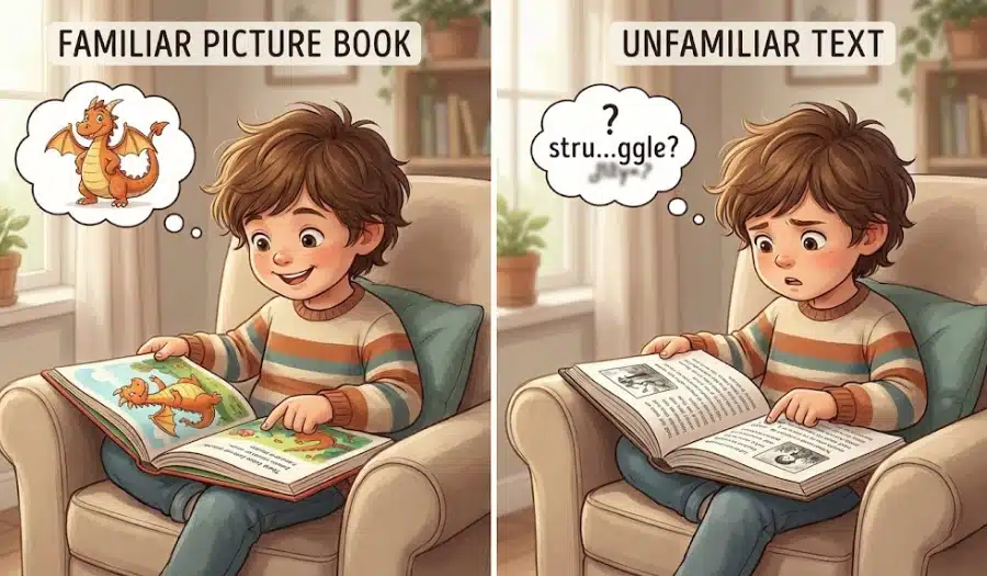 Comparison showing a child guessing words while reading versus decoding unfamiliar text correctly