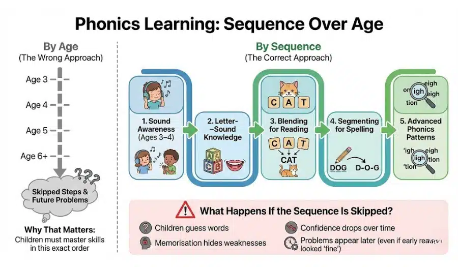 phonics learning steps showing sound awareness blending and spelling