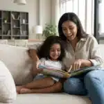 parent helping child read using phonics at home