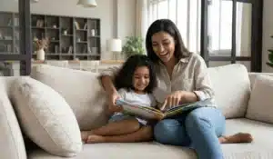 parent helping child read using phonics at home
