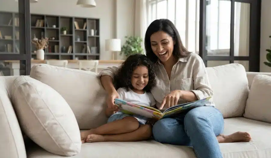 parent helping child read using phonics at home