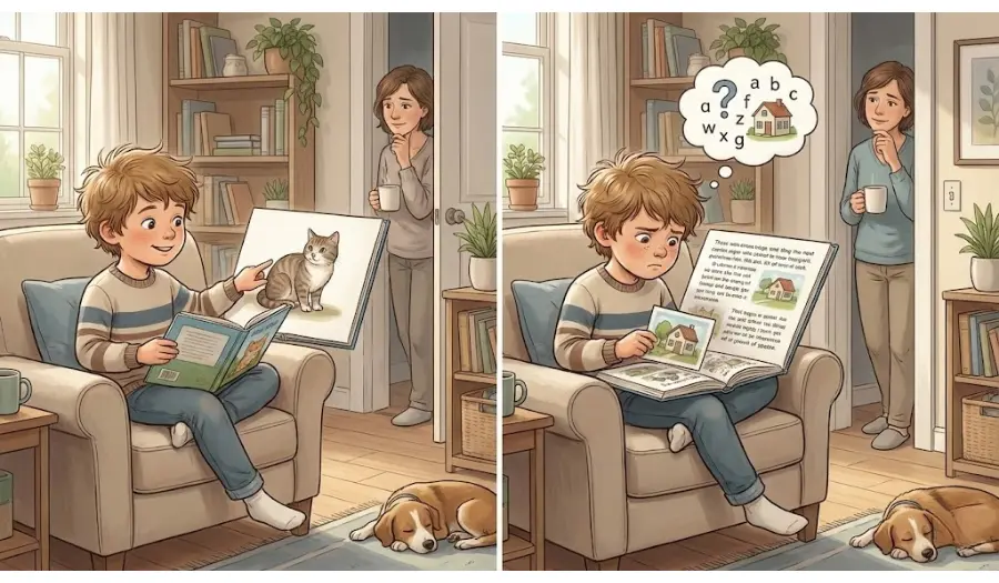 Child reading by looking at pictures instead of decoding words using phonics